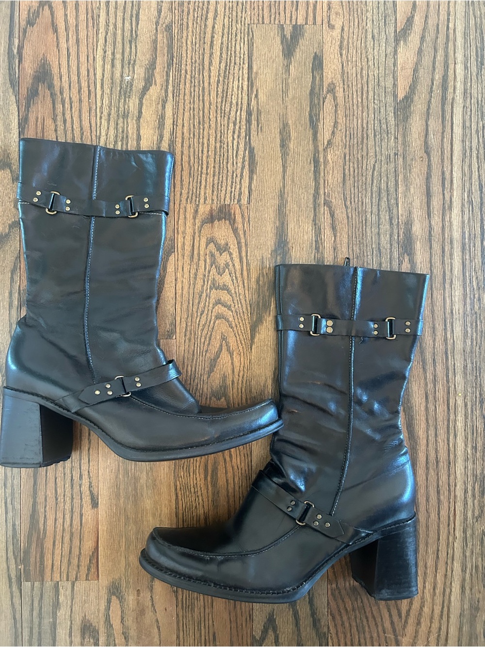 Black Mid-Calf Leather Block Heel Boots
